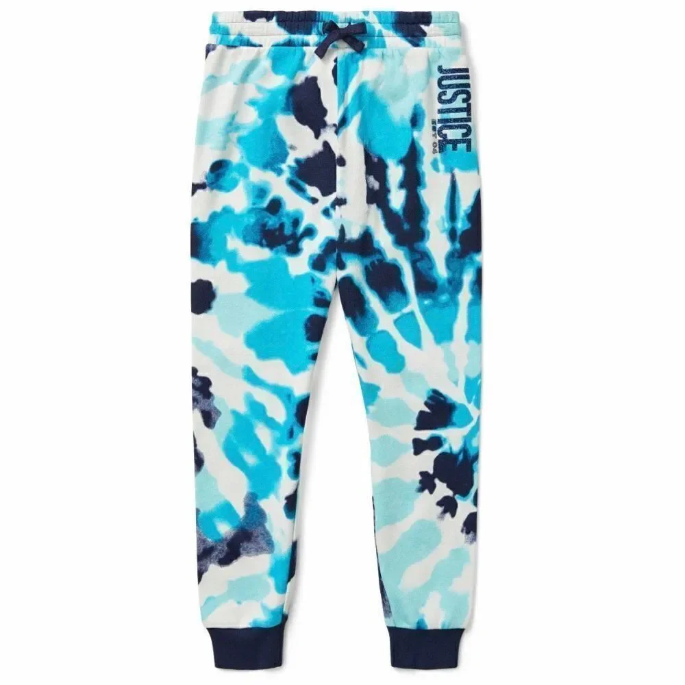 NWT Justice Girls Sz M(10) Blue White Fleece Tie Dye Joggers Graphic Sweatpants